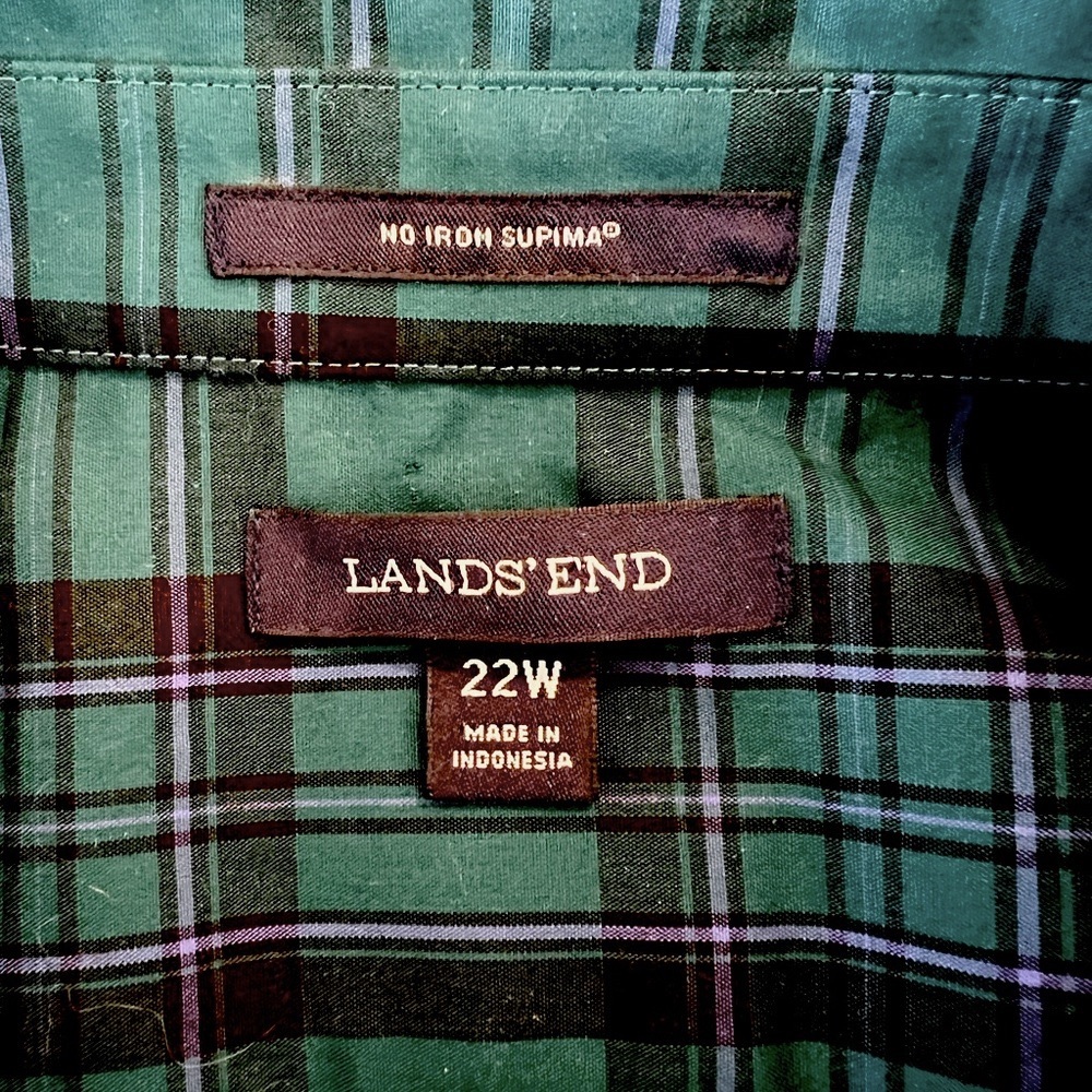 *HOST PICK* Landsโ End No Iron Supima Cotton Teal Green/Black/Purple Plaid Shirt - Picture 2 of 14
